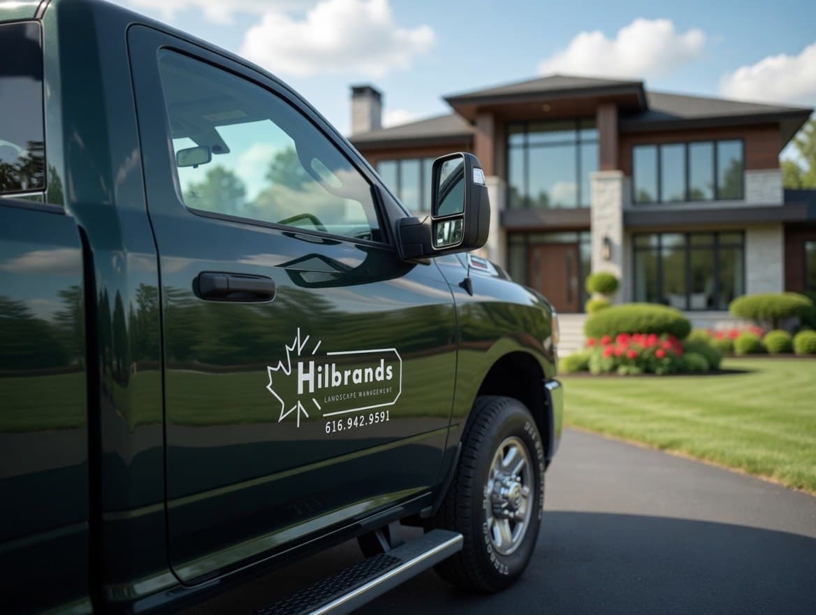 Hilbrands dark green truck parked in front of a residential estate